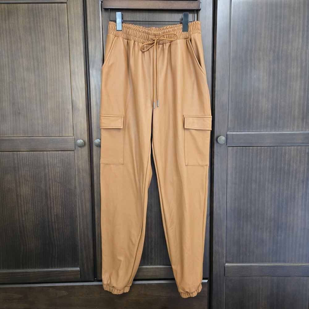 Blashe Faux‎ Leather Cargo Jogger Fleece Lined Drawstring Cognac Brown Small